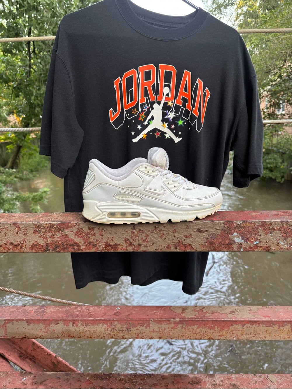 Jordan Black Tee with Orange Logo and White Sneaker